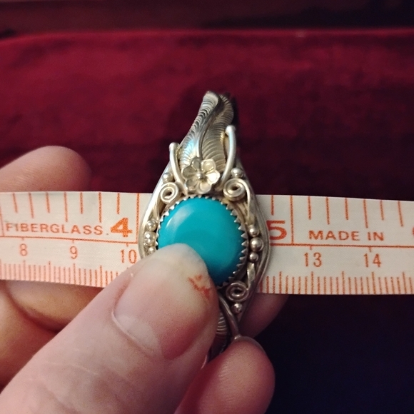 Native American Open Scroll Sterling Silver Cuff Bracelet with Round Turquoise - Picture 7 of 9